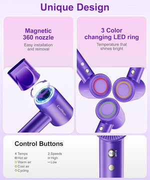 High-Speed Ionic Hair Dryer: 150000 RPM Brushless Motor 500 Millions Negative Ionic Care Blow Dryer for Fast Drying Low Noise Thermo-Control Hairdryer, Travel with Magnetic Diffuser &amp; Nozzle