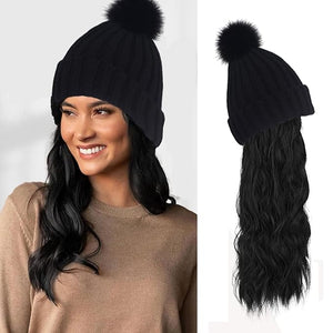 Women Winter Beanie Hat with Wig Big Wavy Curly Hair Extensions Knit ski Snow Cap Attached Party Daily Weddings Wig