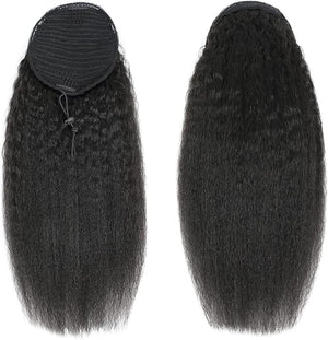datanala Brazilian Remy Kinky Straight Ponytail Human Hair Extensions 16Inch Drawstring Ponytail Yanky Straight Human Hair Ponytail Clip in Hair Extensions Nature Black Color for Women