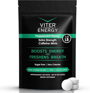Viter Energy Extra Strength Caffeinated Mints 80mg Caffeine B Vitamins Sugar Free. (Peppermint 8oz Bulk Bag)