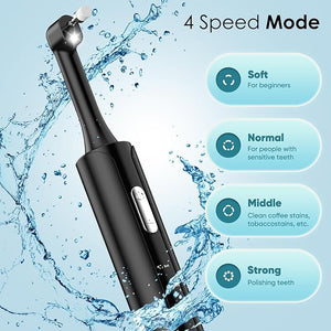 Tooth Polisher Rechargeable Teeth Polisher with 5 Brush Heads 4 Speed Modes Tooth Whitening for Cleaning and Polishing LED Light 3 Polish Pastes IPX6 Waterproof Teeth Cleaning Tools Black