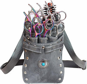 Hairdresser Waist Bag Shear Holder, 7-Slot Hairstylist PU Leather Barber Scissors Holster Pouch Tool Bag, Detachable Hair Cutting Organizer for Combs, Clippers, Spray Bottles (Grey)
