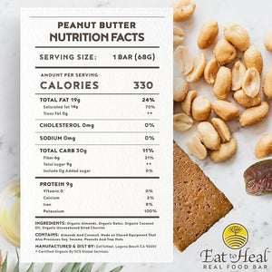 EatToHeal Peanut Butter Real Food Bar - Organic Vegan Healthy High Protein Bars - Low Sugar Meal Replacement Non GMO Never Baked Plant Based Gluten Free - Crafted to Enjoy Not Sit on Shelves