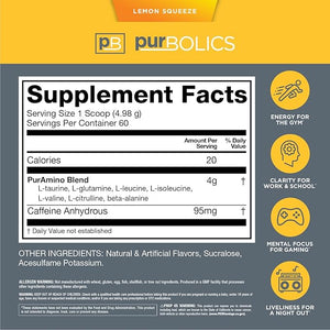 Purbolics Aminos + Energy Supports Recovery Energy &amp Focus 95mg of Caffeine 0 Sugar &amp 60 Servings (Lemon Squeeze)