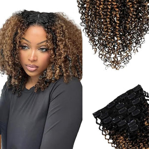 SIYUSI Kinky Curly Clip In Extensions 18 Inch 3.52oz 7Pcs 3C 4A 100% Brazilian Remy Human Hair Clip Ins Invisible &amp Scalp-Friendly Honey Blonde Ombre