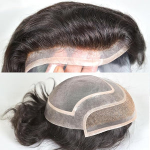 Men's Toupee 10¡¿8 European Virgin Human Hair Toupee Hair pieces for Men Thin Skin Hair Replacement System Lace Front+ Mono Net with PU around Base for Men (#natural black color)