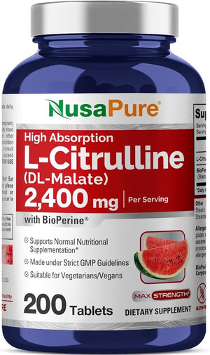 NusaPure L-Citrulline 2400mg 200 Vegetarian Tablets (Non-GMO Gluten Free 100-Day Supply Bioperine)