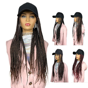 Black Baseball Cap With 3X Box Braids Hat Wig for Women 24 Inch Long Braiding Hair Extension Synthetic Crochet Braids with Baseball Cap Hair Extensions for Black Women (1/30#)