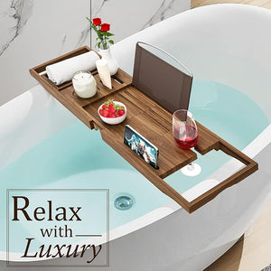 Premium Teak Bathtub Tray Caddy Wooden Bath Caddy Trays for Bathtub Bath Tub Wood Tray Table for TubExpandable Size Fits Most Bath Tubs