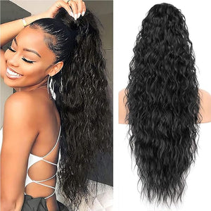 22 Inch Water Wave Ponytail Extensions Human Hair Deep Wave Drawstring Ponytail For Black Women Human Hair Feeling With Clip In Thick Ponytail Hair Natural Black