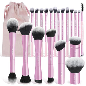 MAANGE 20 PCS Foundation Makeup Brush Set Double-ended Kabuki Contour Brush for Liquid Powder Concealer Blending Blush Buffing Makeup Tools (Pink)
