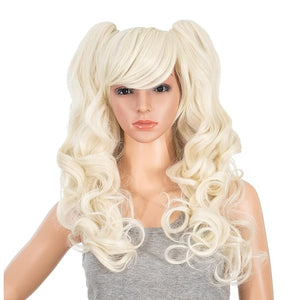 SWACC Long Curly Double Claw Clip on Ponytail Wig Synthetic Pastel Colorful Cosplay Daily Party Wig for Women with Wig Cap (Platinum Blonde)