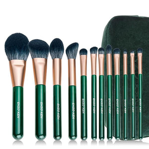 Natural Fiber &amp; Goat Hair Makeup Brush Set Professional, Combined Hair Makeup Brushes Set with Case by Luxury ENZO KEN, Emerald Green Cosmetic Brushes Makeup Set, Natural Bristle Makeup Brushes.
