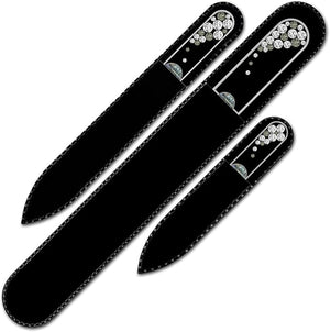 Mont Bleu Set of 3 Glass Nail Files Hand Decorated with Crystals - in Black Velvet Sleeve - Genuine Czech Tempered Glass - Handmade Crystal Nail Files