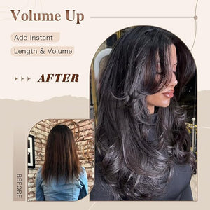 Natural Black Layered Wig Long Wavy Wigs with Curtain Bangs for Black Women Long Layered Curly with Bangs Heat Resistant Synthetic Body Wave Butterfly Haircut for Women Daily Use 24inch