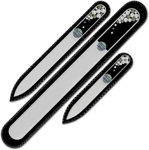 Mont Bleu Set of 3 Glass Nail Files Hand Decorated with Crystals - in Black Velvet Sleeve - Genuine Czech Tempered Glass - Handmade Crystal Nail Files