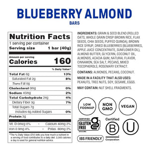 Fody Foods Snack Bars Blueberry Almond 1.41 Oz (Pack of 12) 3g Protein Low FODMAP Gut &amp IBS Friendly Vegan Lactose Free Non-GMO Gluten Free