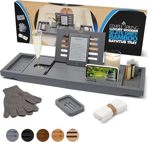 Temple Spring Wooden Bathtub Tray Bamboo Bathroom Accessories Bath Tray for Tub at Home Spa Essentials Board for Tub Table Bath Caddy for Bathtub Accessories &amp Bathroom Essentials ? Slate Gre