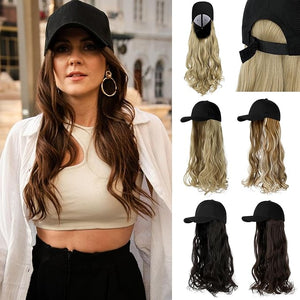 Baseball Hat WigHat with Hair attached 24'' Adjustable Black Cap with Long Wavy Synthetic Hair Extensions for Women Girls(Light Brown)