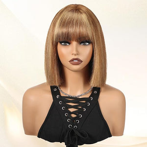 10 Inch Highlight Ombre Bob Wig Human Hair With Bangs Glueless 2x1 HD Lace Wigs, Short Wigs For Women Yaki Straight