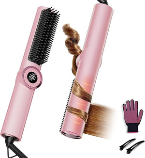 Hair Straightener Brush: 3-in-1 Curling &amp Straightening Comb with Dual Voltage Hot Comb with Ionic Coating Pink