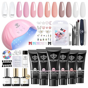 Modelones Poly Nail Gel Kit 6 Colors Poly Extension Gel Clear Pink White with 48W U V/LED Lamp 3D Nail Charms Builder Slip Solution Complete Toe Manicure Supplies Tools for Starter