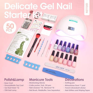 Gellen Gel Nail Polish Starter Kit with U V Light - 12 Colors Solid Black White Pink Blue Gel Polish with 72W Nail Lamp, Top Base Coat Nail Tools Gel Nail Polish Kit, Nail Gel All-In-One Manicure Set