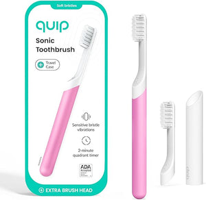 Quip Sonic Toothbrush for Adults with Timer - Includes Extra Brush Head and Travel Cover Mount - Electric Soft Bristle Refill Head Plastic Handle 3 Month Battery Life - Travel Toothbrush - Magenta