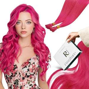 RUNATURE I Tip Hair Extensions Human Hair 18Inch Pink Human Hair Extensions Hot Pink Straight Remy Hair Pre Bonded I Tips Extensions for Women Styled 25g 25s