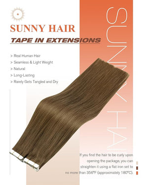 Sunny Hair Tape in Hair Extensions Real Human Hair Invisible Remy Hair Extensions Tape ins for Women Light Brown 24 inch 20Pcs