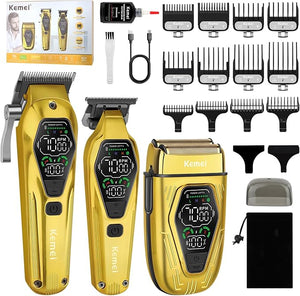 KEMEI KM-8551 Professional Barber Clippers Set - Hair Clippers for Men Trimmer &amp Foil Shaver 3-Speed LED Display USB-C 8/4 Guide Combs Wet/Dry Hair Cutting Kit with Adjustable Rocker