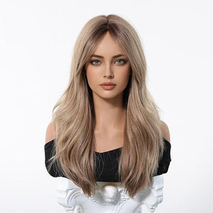 Ombre Light Brown Wig with Bangs Natural Wavy Human Hair Heat Resistant Wig for Cosplay Party Daily Use
