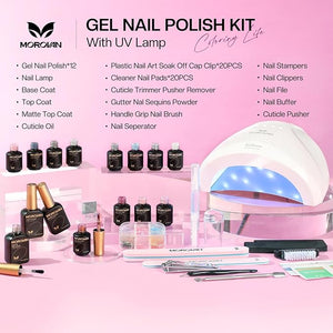 Morovan Gel Nail Polish Kit: 12 Colors Gel Nail Polish Set with U V/LED Light Nude Pink Blue Haze Gel Polish Nail Art Decorations Manicure Tools DIY Salon Home Gifts