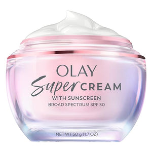 Olay Super Cream with Sunscreen SPF 30 Lightweight Face Moisturizer with Sun Protection 5-in-1 Skin Care Benefits - Hydrating Brightening Firming - Niacinamide Vitamin C Collagen Peptide 1.7 oz