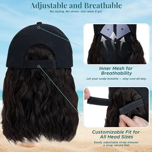 MY-LADY Hat Wig Hat with Hair Attached for Women Baseball Cap with Hair Extensions Adjustable Short Wavy Synthetic Hairpiece 8 Black Cap to 4A