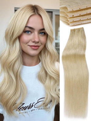 WIGNEE OVO Double Butterfly Hair Extensions Human Hair 2 PCS Real Human Hair Beaded Weft Hair Extensions Human Hair Blonde Color (613)
