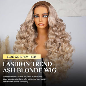 TESLAL Ash Blonde Wig Human Hair Blend Wear and Go Glueless Wigs Pre Plucked Pre Cut Lace 6X6 Body Wave Wig Ombre Blonde Hair Synthetic Wig 30Inch 260% Density
