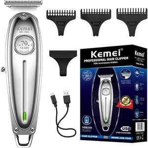 Kemei 1949 Trimmer Professional Hair Clippers for Men Zero Gap Electric Cordless Beard/Hair Trimmer Rechargeable T-Blade Haircut Machine for Stylists and Barbers Grooming Kit Silver