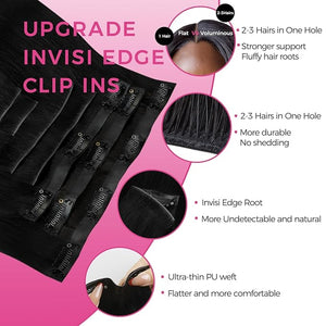 Lashey Invisi Edge Clip in Hair Extensions 16 Inch 110g 7pcs Injected Seamless PU Clip in Hair Extensions Virgin Human Hair #1 Jet Black Straight Hair