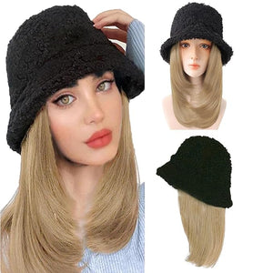 Women's Winter Lambswool Bucket Hat with Wig - Fisherman's Cap - Sun Visor - Straight Hair Beanie
