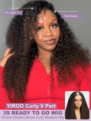 YIROO EasiContour V Part Ombre Brown Human Hair Wig Curly 12A Glueless Upgrade U Part Wig Ombre Black to Chestnut Brown No Leave Out V Shape Clip Wigs Ready to Go 150% Density Beginner Friendly 14Inch