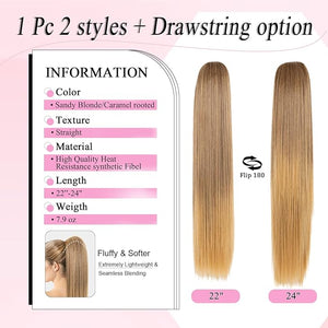 Ponytail Extension 24 Long Straight Claw Clip Ponytail Extension clip on ponytails hair clip Hair claw clip Fake Ponytail Hairpieces for Women ? Sandy Blonde/Caramel Rooted