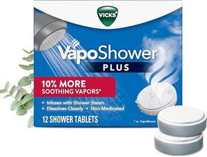Vicks, VapoShower Plus, Shower Steamers, Eucalyptus Shower Steamer &amp; Menthol Scent, Clean Dissolving Vapor Shower Tablets, Aromatherapy Shower Steamer &amp; Shower Bombs, 12 count