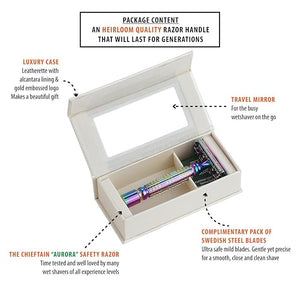 VIKINGS BLADE Double Edge Safety Razor + 5 Swedish Steel Blades + Luxury Case. Smooth Reusable Recyclable (Chieftain Aurora)