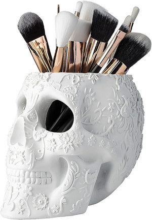 Skull Makeup Brush Candy Bowl &amp Pen Holder Bowl Spooky Goth Decorations Extra Large Strong Resin Skeleton Skulls and Bones Organizer Bathroom Trick Or Treat Decor by Gute (White)