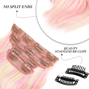 Vigorous Clip in Long Wavy Synthetic Hair Extension 4PCS Light Pink mix Blonde Hair Extensions 20Inch Easy to Install for Daily Use and Event Party Use
