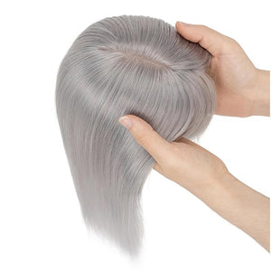 Elailite Hair Toppers for Women Real Human Hair Topper with Bangs Thinning Thin 5.1"x2.8" Silk Base Clip in Remy Hairpieces 8 Inch Silver Grey