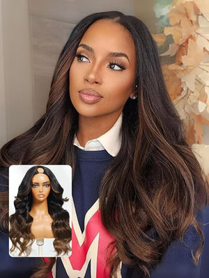 YIROO EasiContour V Part Wig Human Hair Loose Wave Chestnut Brown Ombre Glueless Drawstring Vpart Wig with Face FramingUpgrade U Part Wig Human Hair No Leave Out Beginner Friendly 150% Density 24Inch