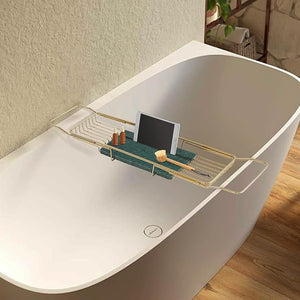 Expandable Bathtub Tray Caddy for Bath Relaxing Bath Table Tub Tray Adjusts from 26.77-35.43 in Ideal for Housewarming Multifunctional Bathtub Bathroom Organizer (Gold + Green)