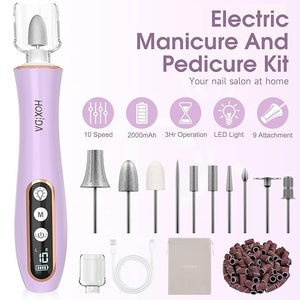 Professional Manicure Pedicure Kit with 360¡Æ LED Light&amp10 Speeds&ampMemory Mode Cordless Electric Nail Drill Pedicure Tools for feetHand Foot Care Nail File for Thick Nail Toenail Cuticle wit